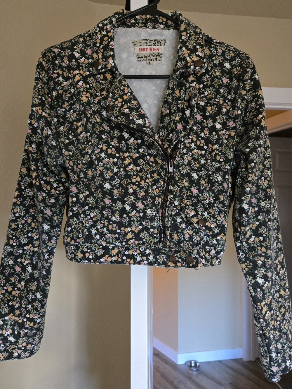 Hot Kiss Black Floral Moto Jacket with Pink & Cream Flowers